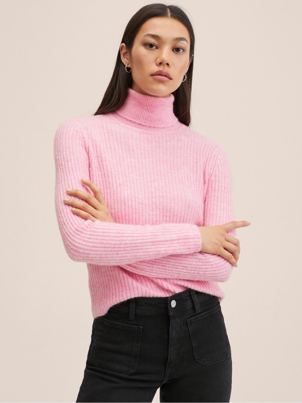 Mango Pink Ribbed Turtleneck Sweater Wool Alpaca Blend Size Small